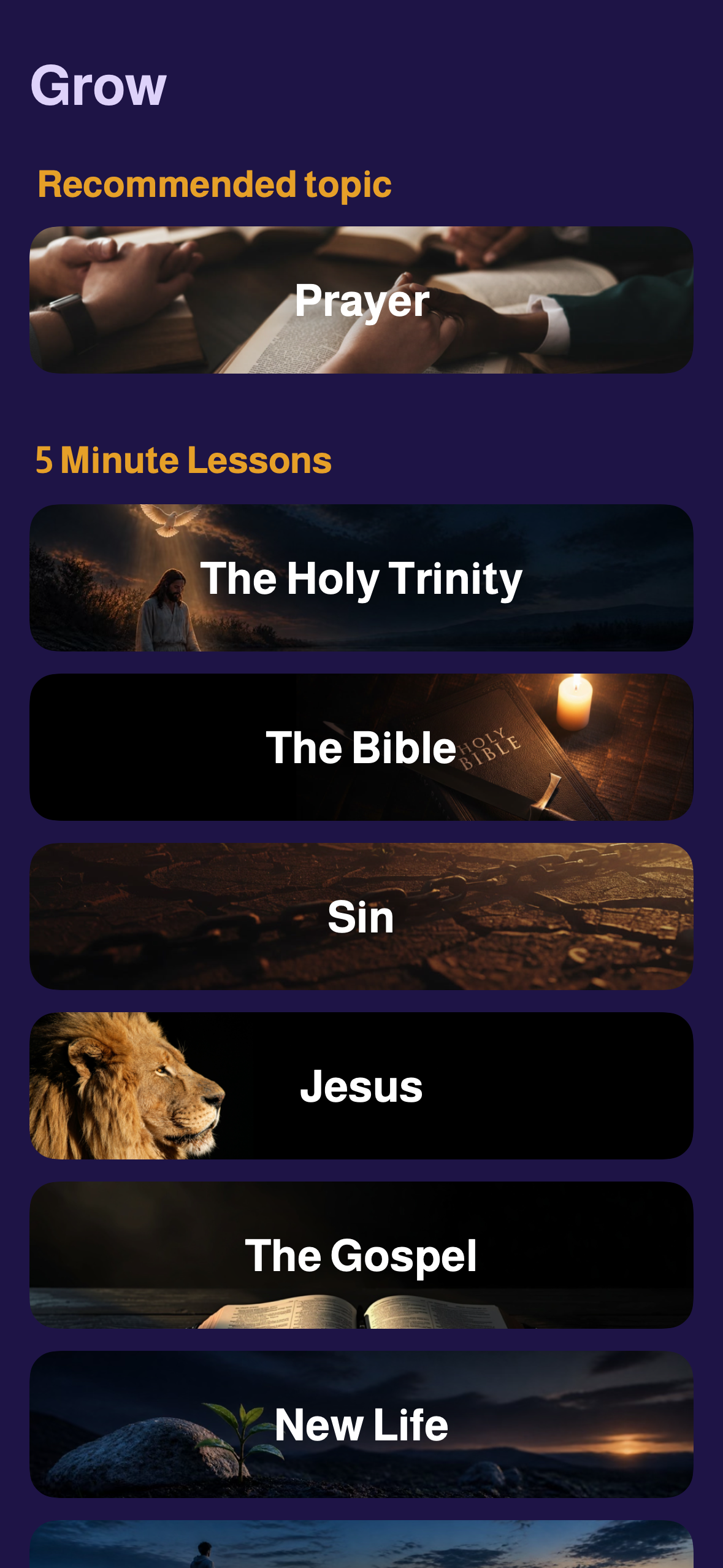 The Grow topic menu in Evangely, with illustrated cards for Prayer, the Holy Trinity, the Bible, Sin, Jesus, and the Gospel.