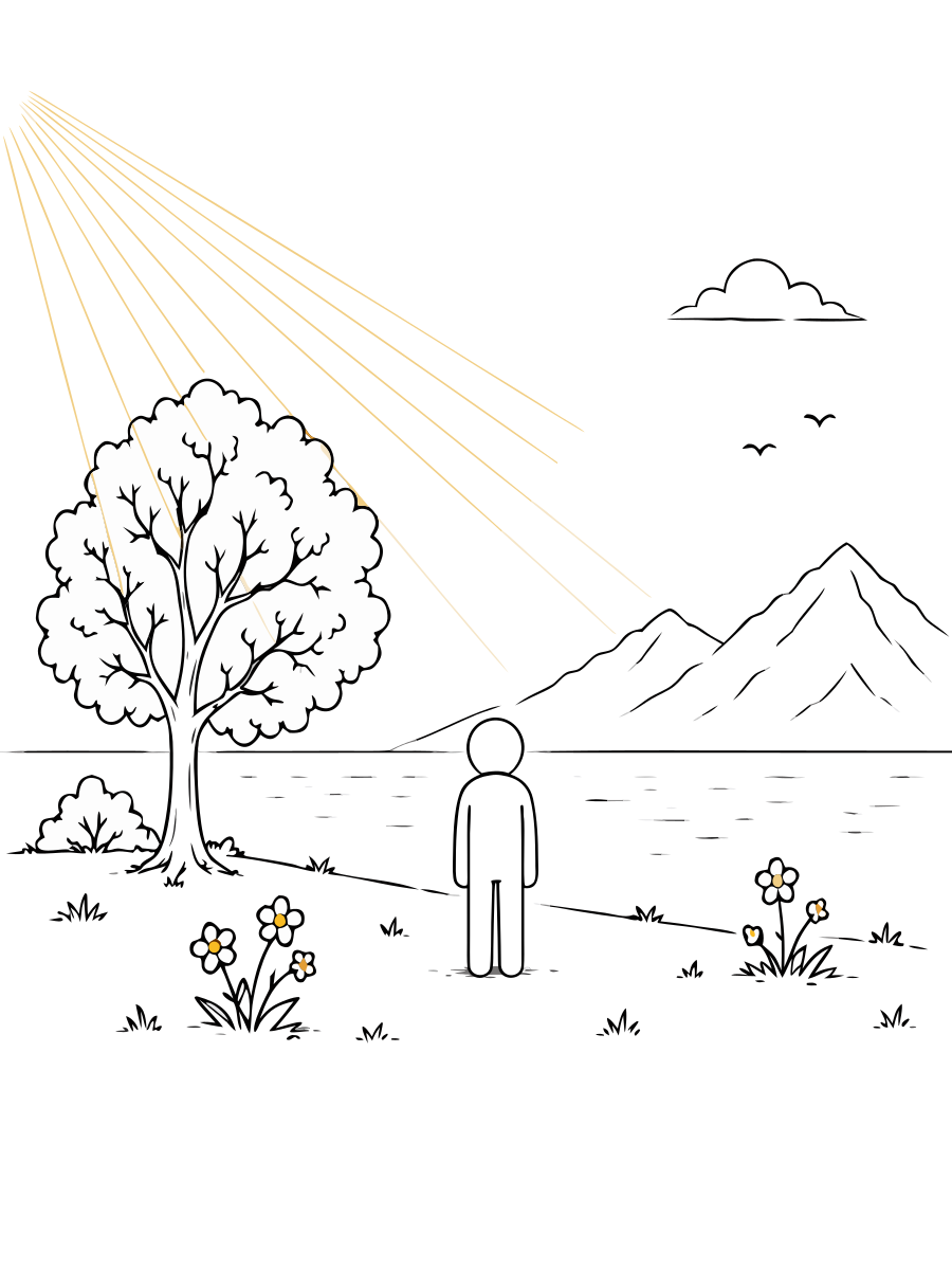 A person stands in a peaceful landscape with a flourishing tree, flowers, mountains, and golden rays of light.