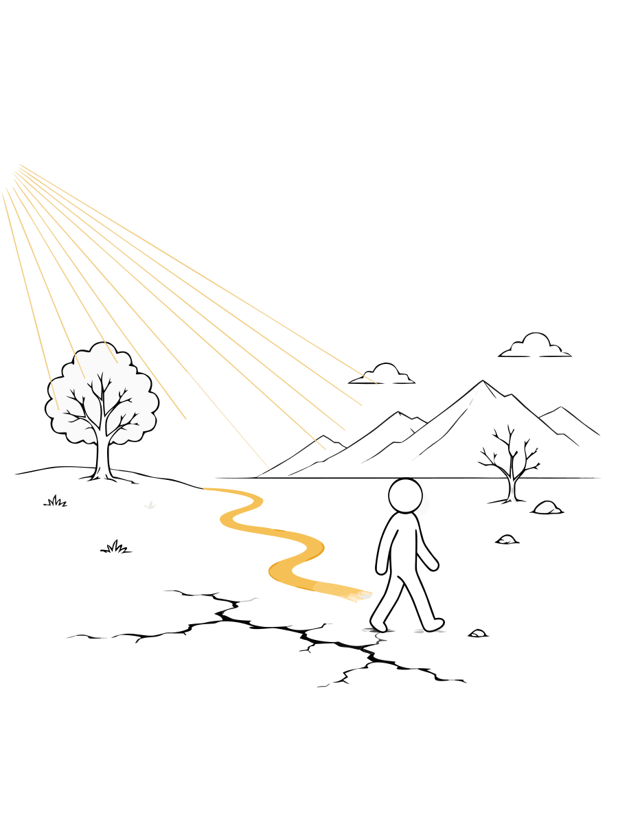 A person walks away from a golden path onto cracked ground, leaving the flourishing landscape behind.