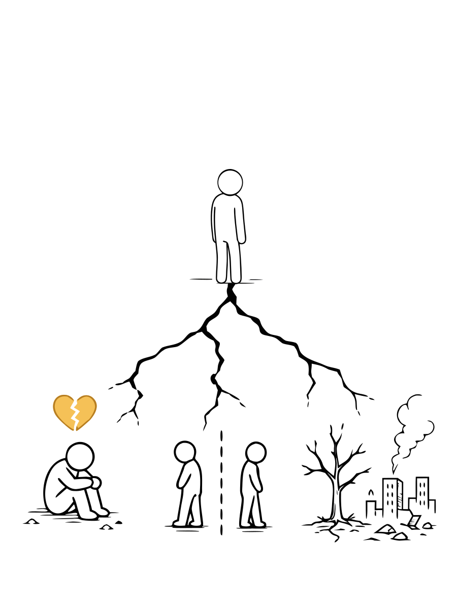 Cracks spread from a person into scenes of grief, strained relationships, a bare tree, and a damaged city.