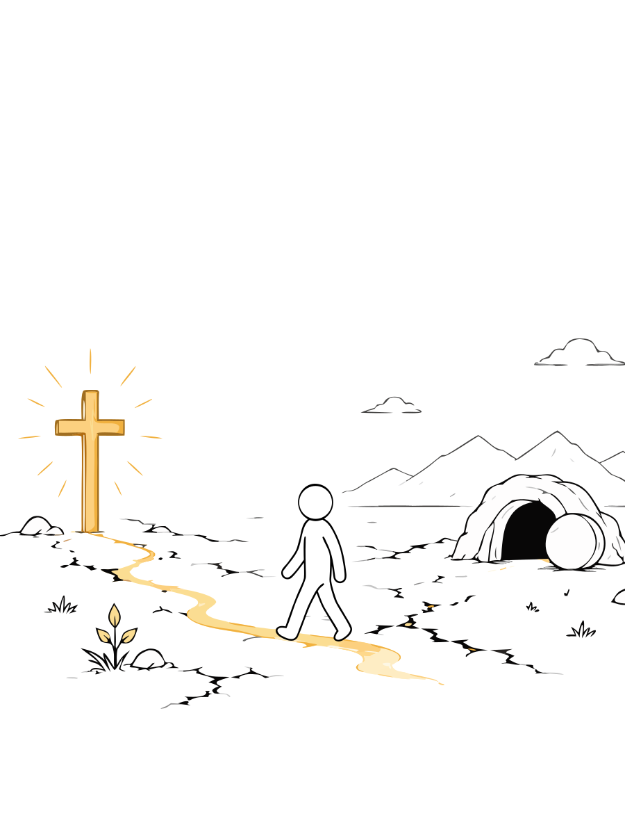 A person follows a golden path between the cross and empty tomb, with a new flower growing beside the path.
