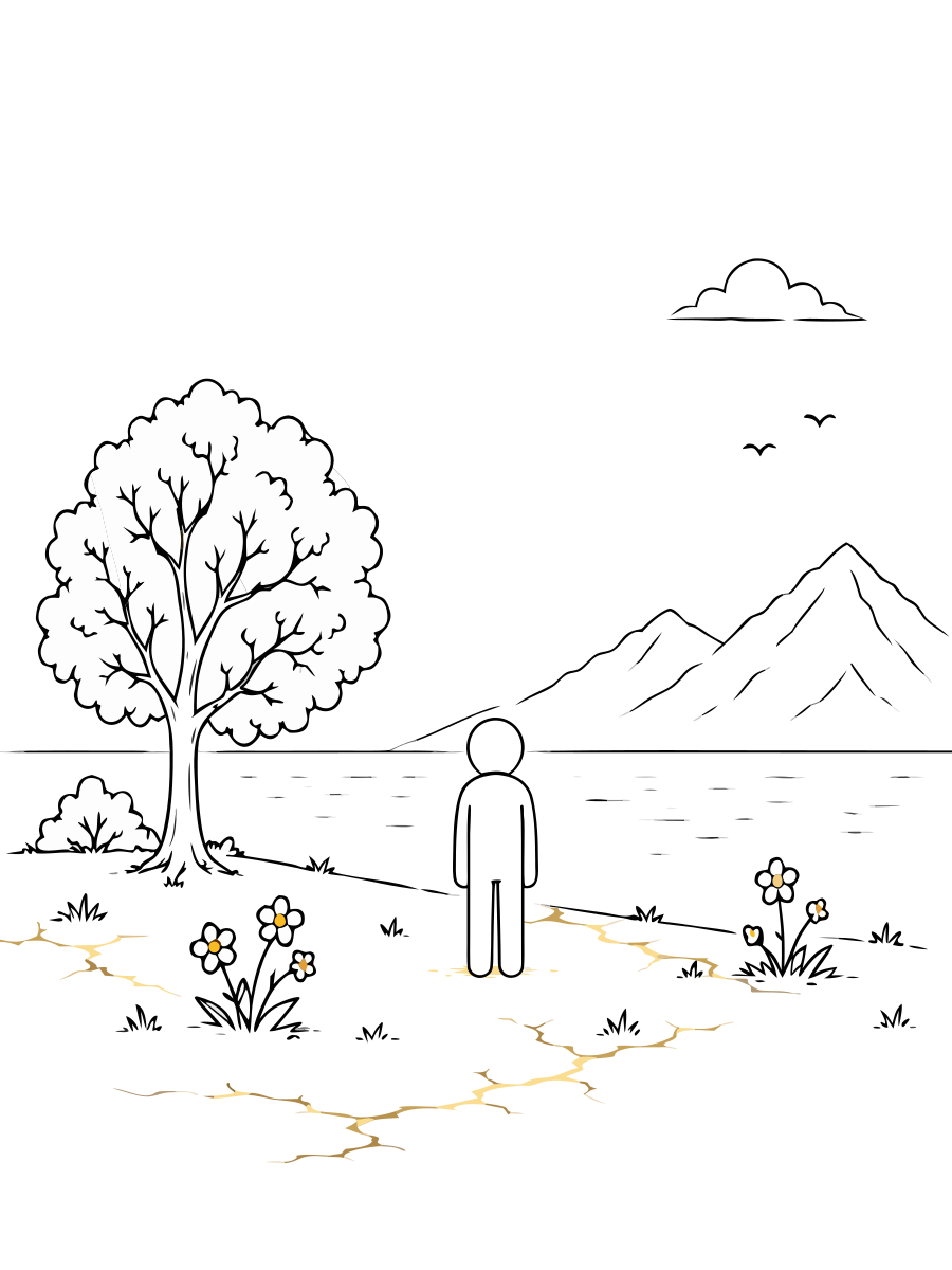 A person stands beside a flourishing tree and flowers as golden lines begin restoring the cracked ground.