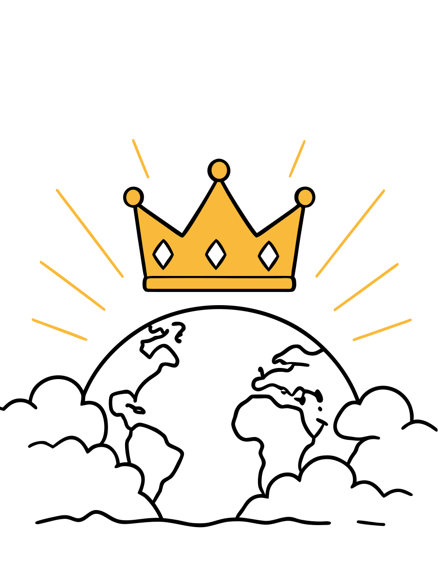 A radiant golden crown sits above the earth and clouds.