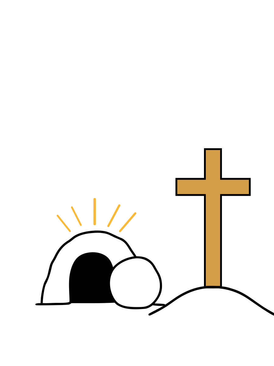 A golden cross stands beside an open, empty tomb with rays of light.