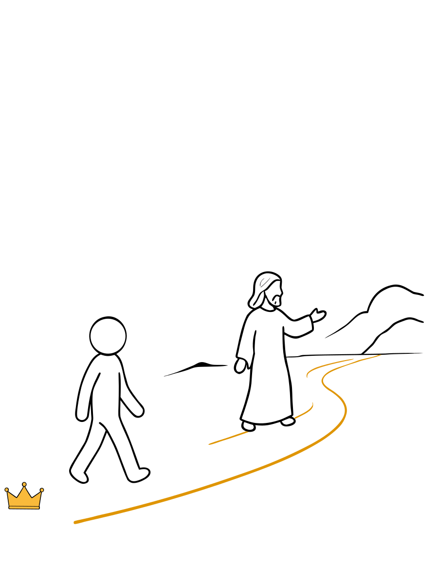 A person leaves a small crown behind and follows Jesus along a golden path.