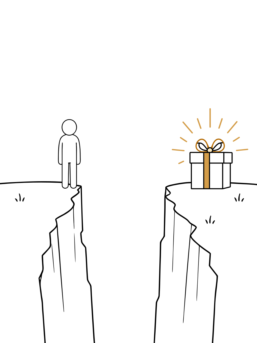 Un regalo dorado espera al otro lado del abismo bajo un símbolo radiante, mientras una persona está de pie en el lado opuesto.