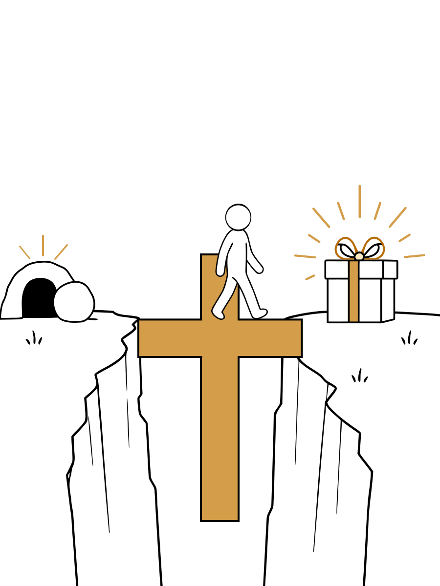 Una persona camina sobre la cruz dorada hacia el regalo, dejando la tumba vacía atrás.